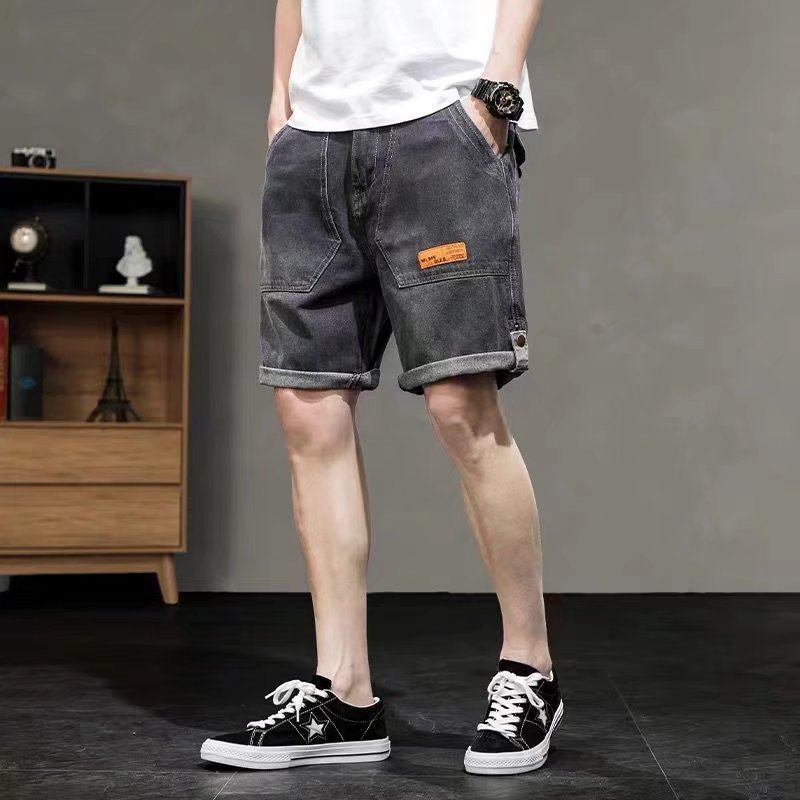 Denim shorts men's trendy loose shorts casual plus size elastic waist ripped Korean style outer wear shorts flow