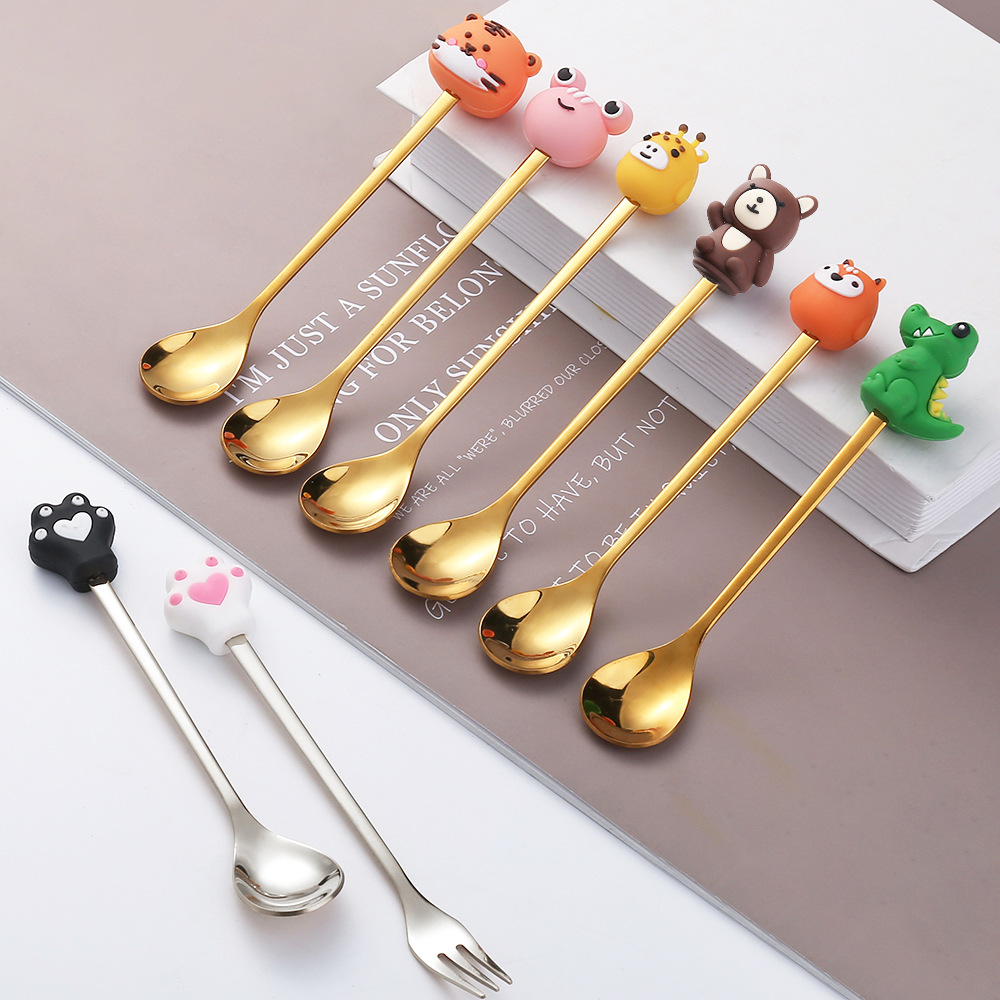 Q dragon year cartoon tableware cat claw spoon cute dessert spoon stainless steel spoon new year doll dessert fruit fork