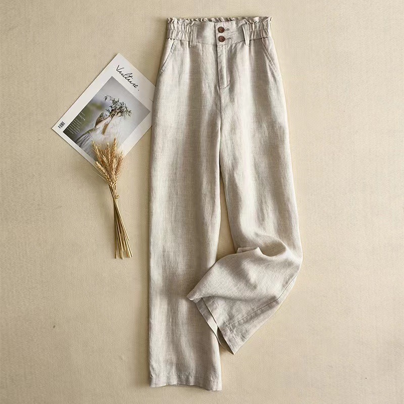 Linen Wide Leg Pants Women's High Waist Draping Spring and Summer Thin Casual Cotton and Linen Pants Flower Bud Waist Linen Pants