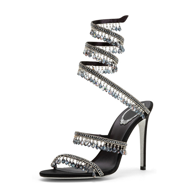 2023 spring and summer new rhinestone gem ankle winding snake-shaped high heel sandals sexy European and American cross-border large size shoes for women
