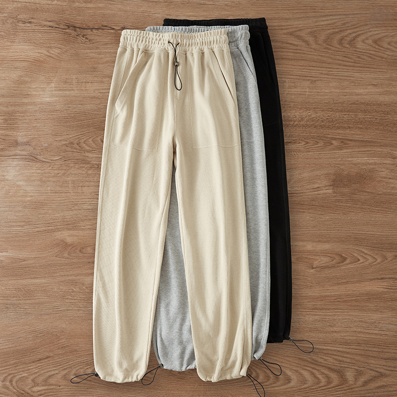 Spring and Summer New Plush Heavy Black Grey Adjustable Drawstring Pencil Pants Solid Color Pocket Loose Sweatpants for Men
