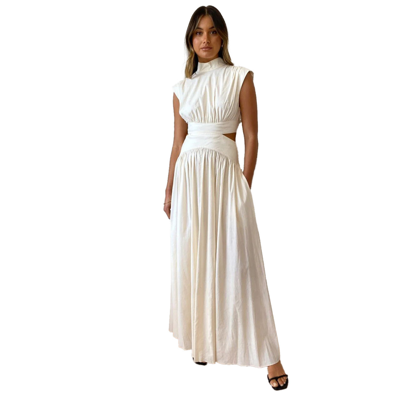 23 years of foreign trade new resort wind solid waist waist waist waist open fold large skirt dress 23003-1