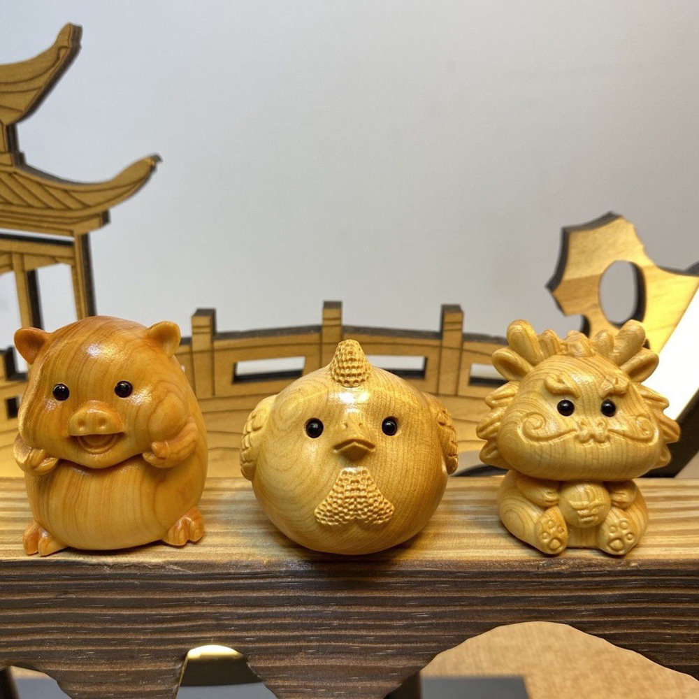 Thuja Cartoon Chinese Zodiac Handlehold Wooden Carving Pendant Cultural Play Crafts Scenic Spot Stall Hot Selling Solid Wood Ornaments