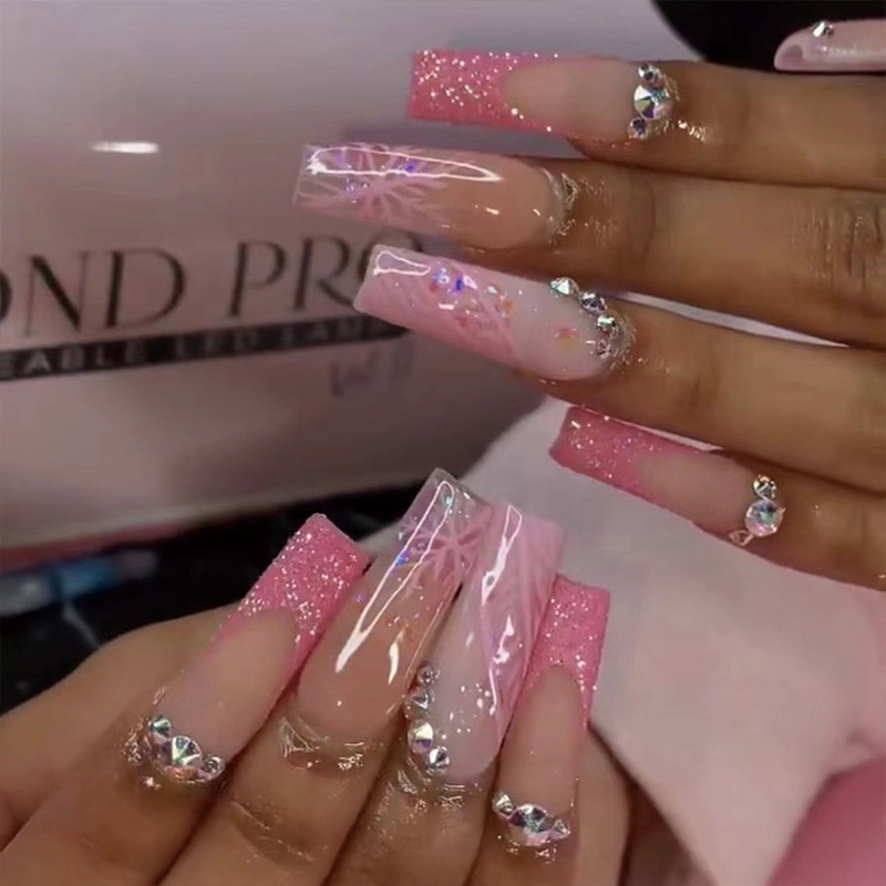 穿戴甲甲片粉色閃粉法式邊雪花假指甲片批發成品 press on nails
