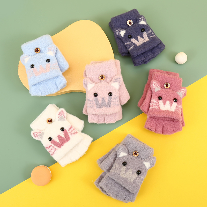 Plush gloves Children Baby windproof writing kitten half finger flip fleece-lined thick warm winter gloves wholesale