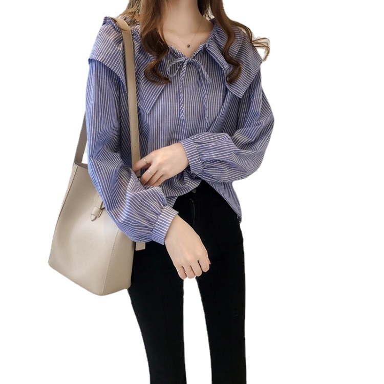 Women's New Korean Style Doll Collar Large Size Striped Shirt Women's Loose Top Hong Kong Style Long Sleeve Shirt