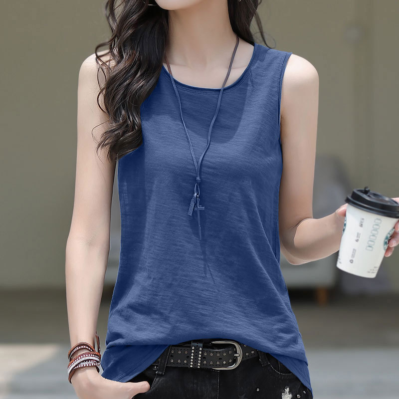 Slub Cotton Sleeveless T-Shirt Women's Vest Outer Wear 2023 New Summer Cotton Base Shirt All-match Loose Top