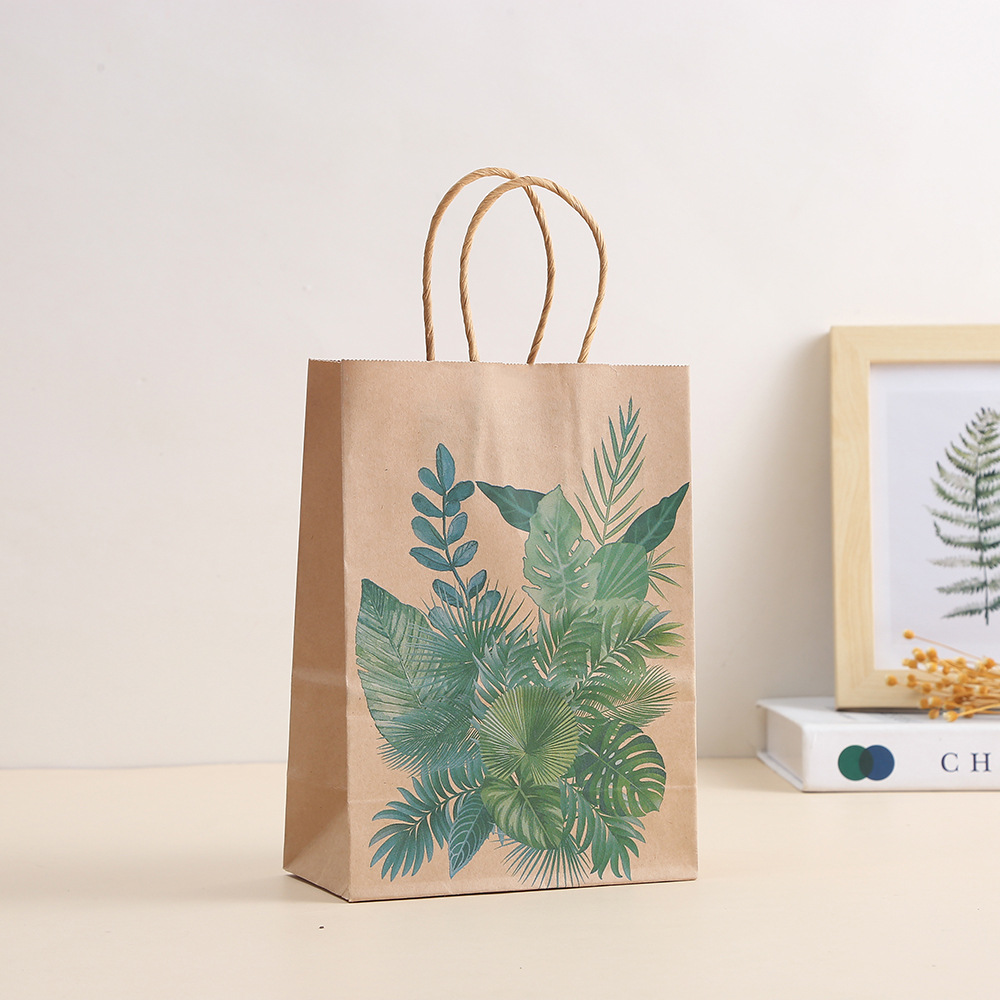 New Kraft paper bag green plant printing portable paper bag Mori party gift bag catering clothing packing bag
