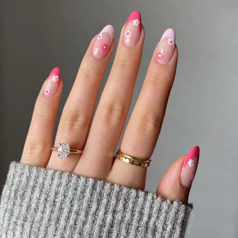 穿戴甲清新粉花朵法式簡約可拆卸假指甲貼美甲成品 press on nail