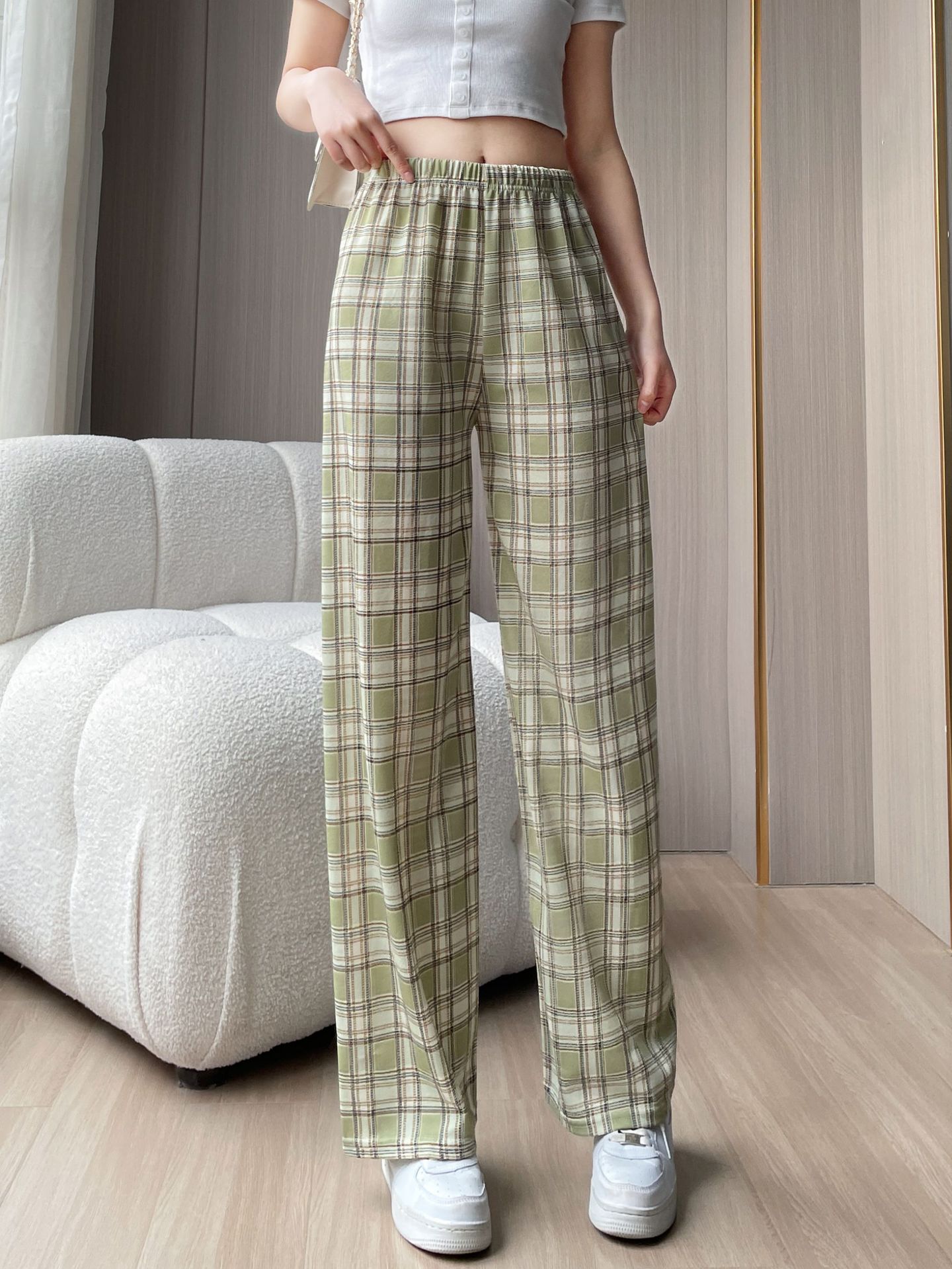 Plaid wide-leg pants spring and summer thin female students plus size versatile draping high waist slim slimming loose straight women's pants
