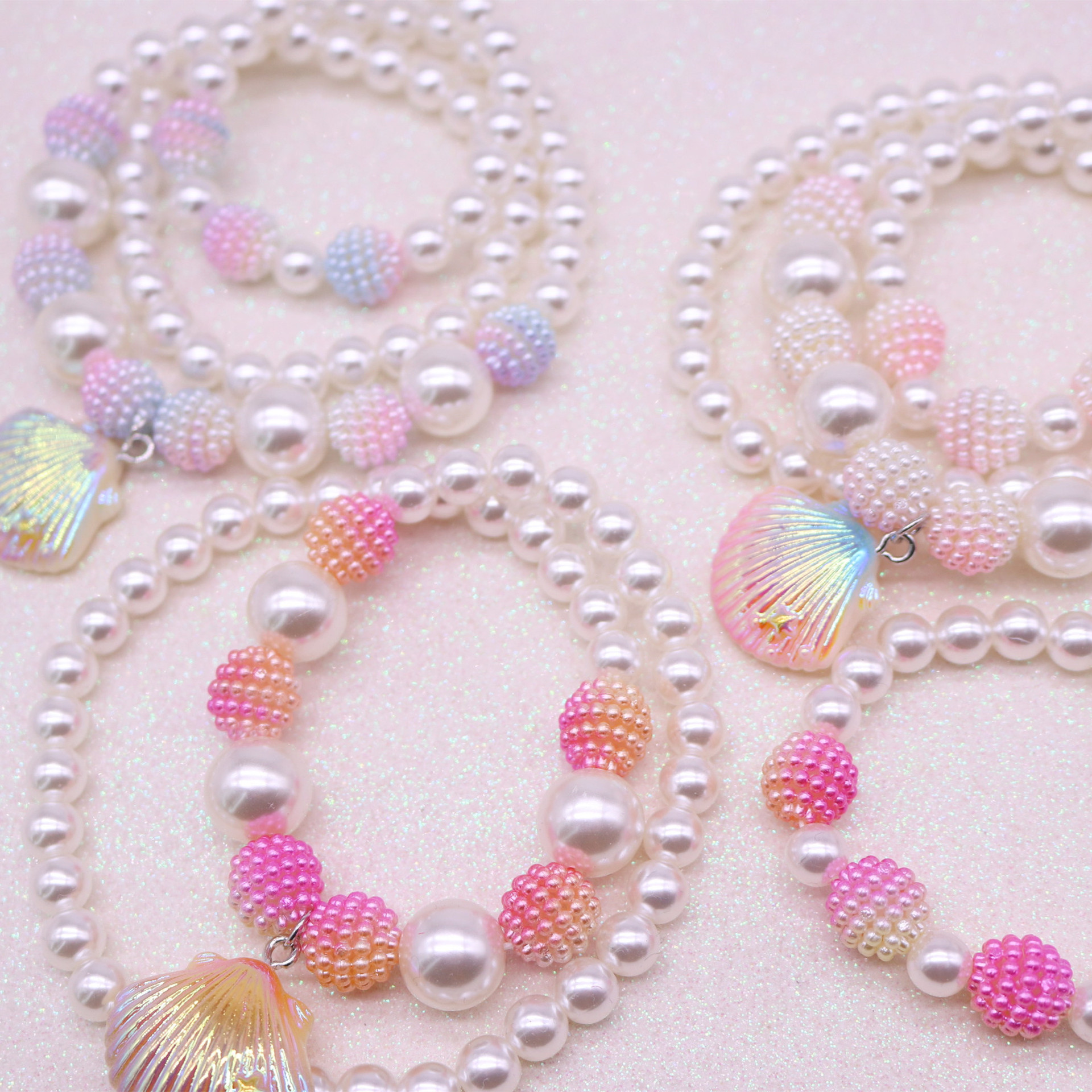 New Children's Shell Necklace Bracelet Set Girls Imitation Pearl Mermaid Beaded Necklace Girls Jewelry