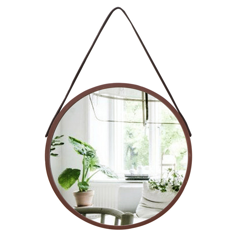 Punch-free Wooden Retro Round Hanging Mirror Cosmetic Mirror Wall Entrance Living Room Dining Room Background Wall Decorative Mirror Wall Hanging
