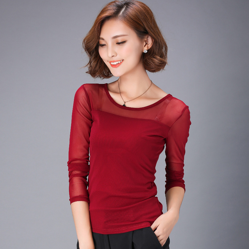 Spring and Autumn New slim fit plus size round neck lace shirt mesh bottoming shirt long sleeve T-shirt women's all-match outer wear top