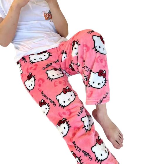 Cartoon Cat Christmas fleece-lined Pajama Pants Women's Home Casual Fall/Winter Flannel Pants Home Wear