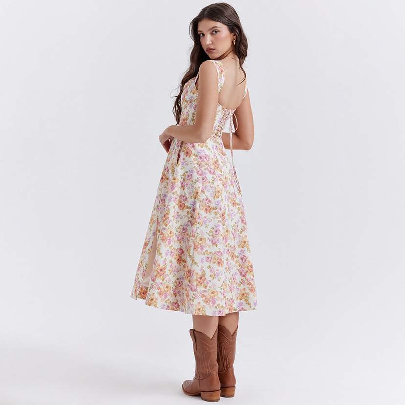Europe and the United States cross-border Brazil hot summer sexy waist fishbone stitching strap printing strap waist dress