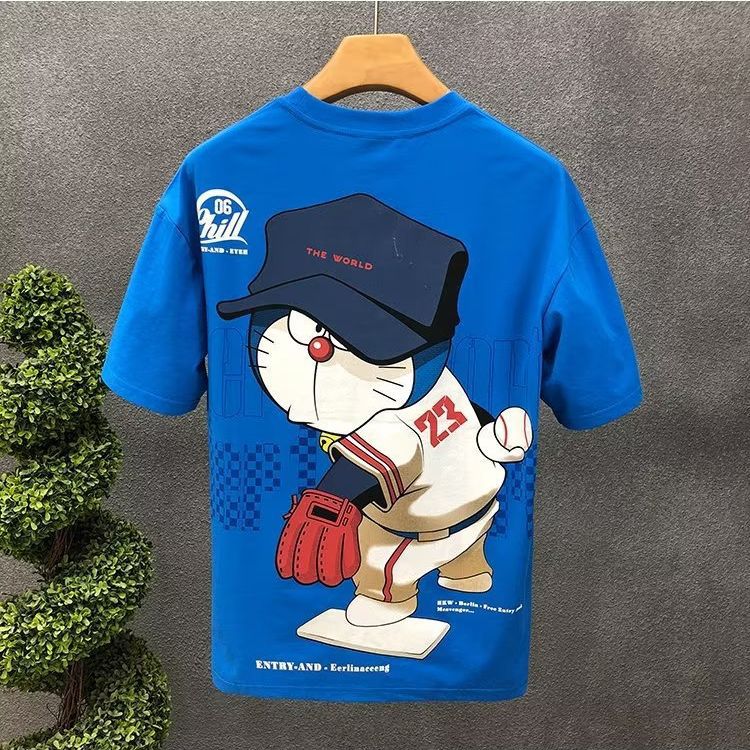 Cartoon Printed Short-sleeved Cotton T-shirt Men's 2023 Summer New Style Teenager Niche Design Crewneck Half-sleeved Top