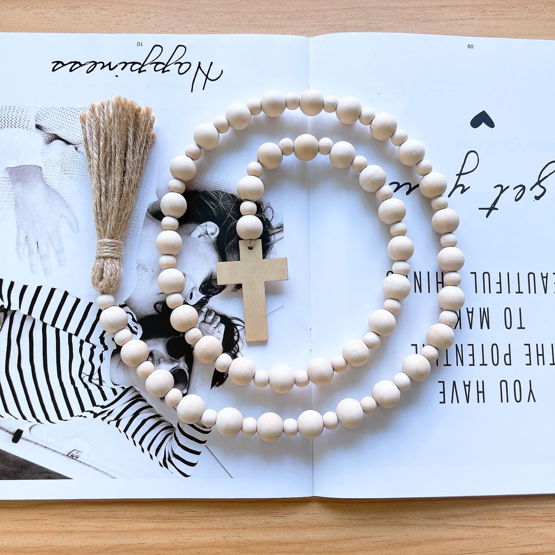 ins Nordic Easter Cross Wooden Bead String Creative Hemp Rope Tassel Home Decorative Hanging Craft Pendant