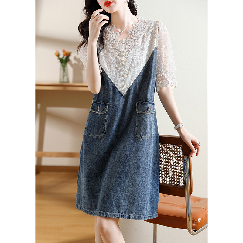 Real shot of V collar fake two-piece large size denim skirt for women summer new fat m loose temperament lace splicing dress