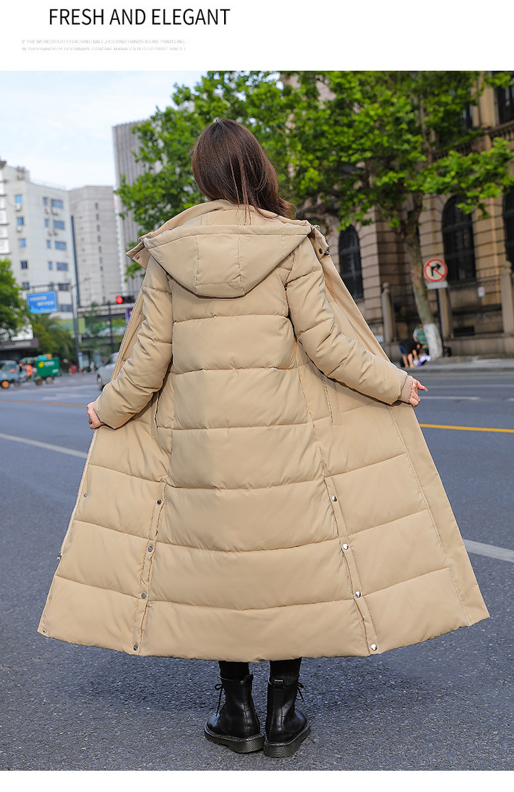 Long over-the-knee hooded Warm jacket jacket women's winter coat thickened warm over-the-knee solid color casual slim-fit cotton-padded jacket fashion_voghion.com