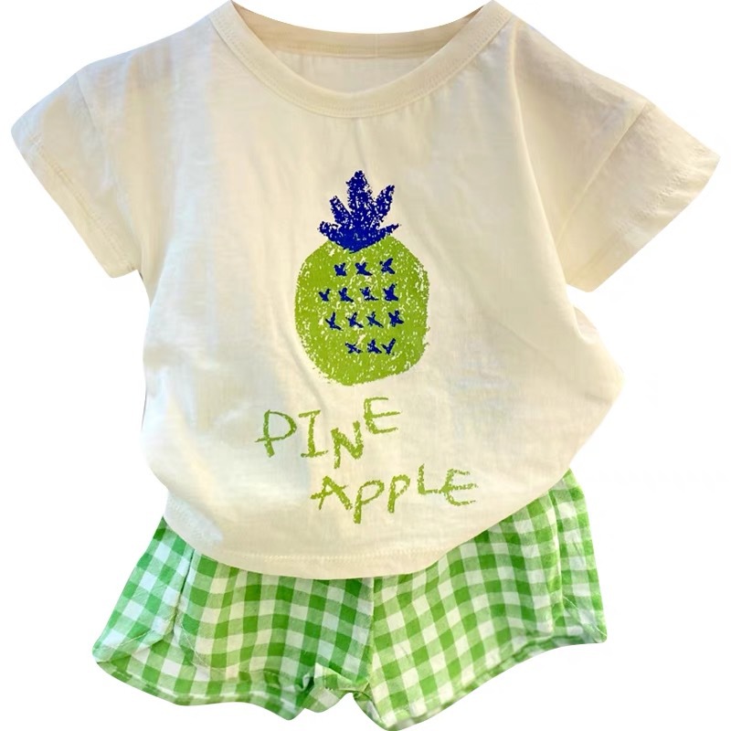 Wheat Field Season 23 Summer New South Korea Children's Suit Children's Fruit Short-sleeved T-shirt Cotton Plaid Shorts Baby suit