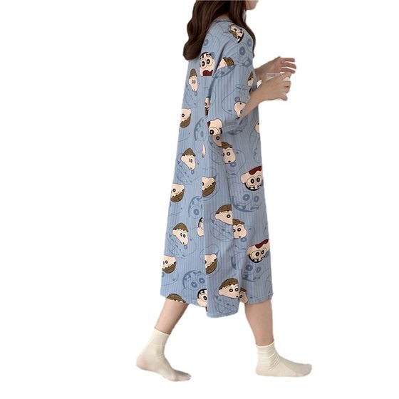 Women's summer nightdress Korean style spring and autumn student home wear cute thin short sleeve cartoon loose maternity pajamas summer