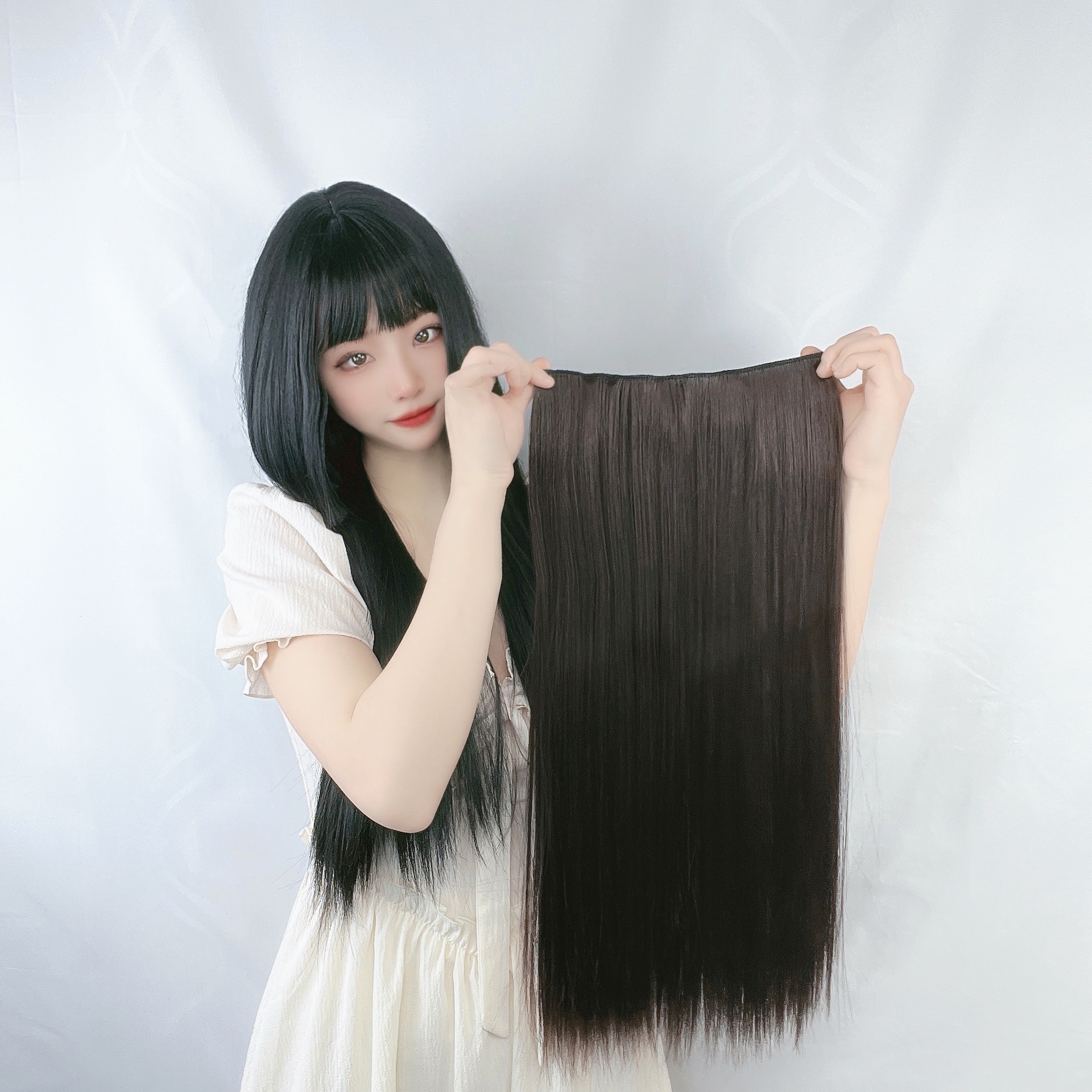Wig women's long hair a piece of four card high temperature silk hair piece cross-border foreign trade black long straight wig a generation of hair