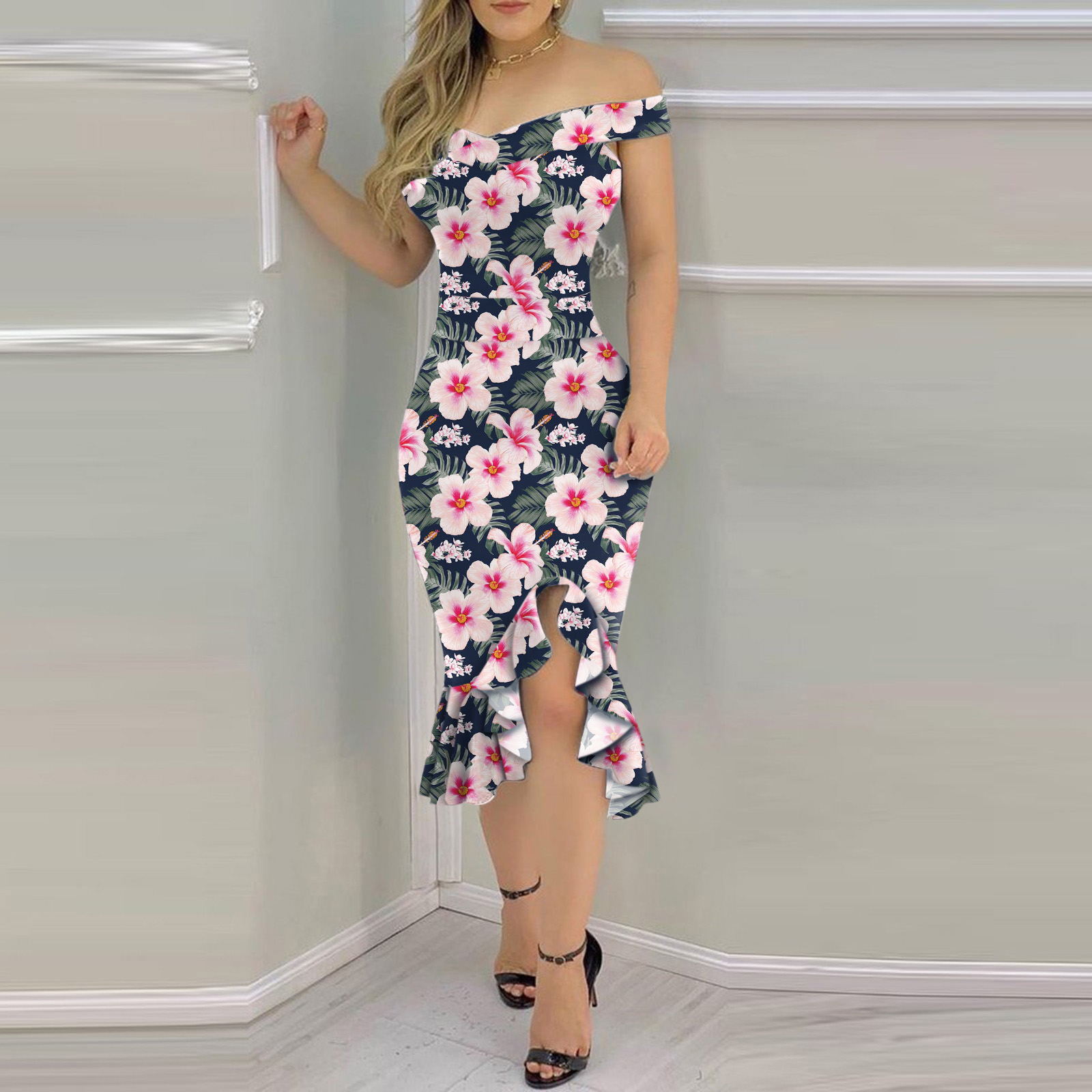 European and American foreign trade 2021 summer sexy off-shoulder non-positioning irregular tight hip printed dress spot