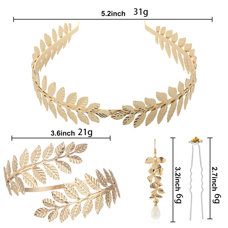 Kaitong European and American bridal leaf headband personality Baroque style golden leaf open arm ring pearl earrings