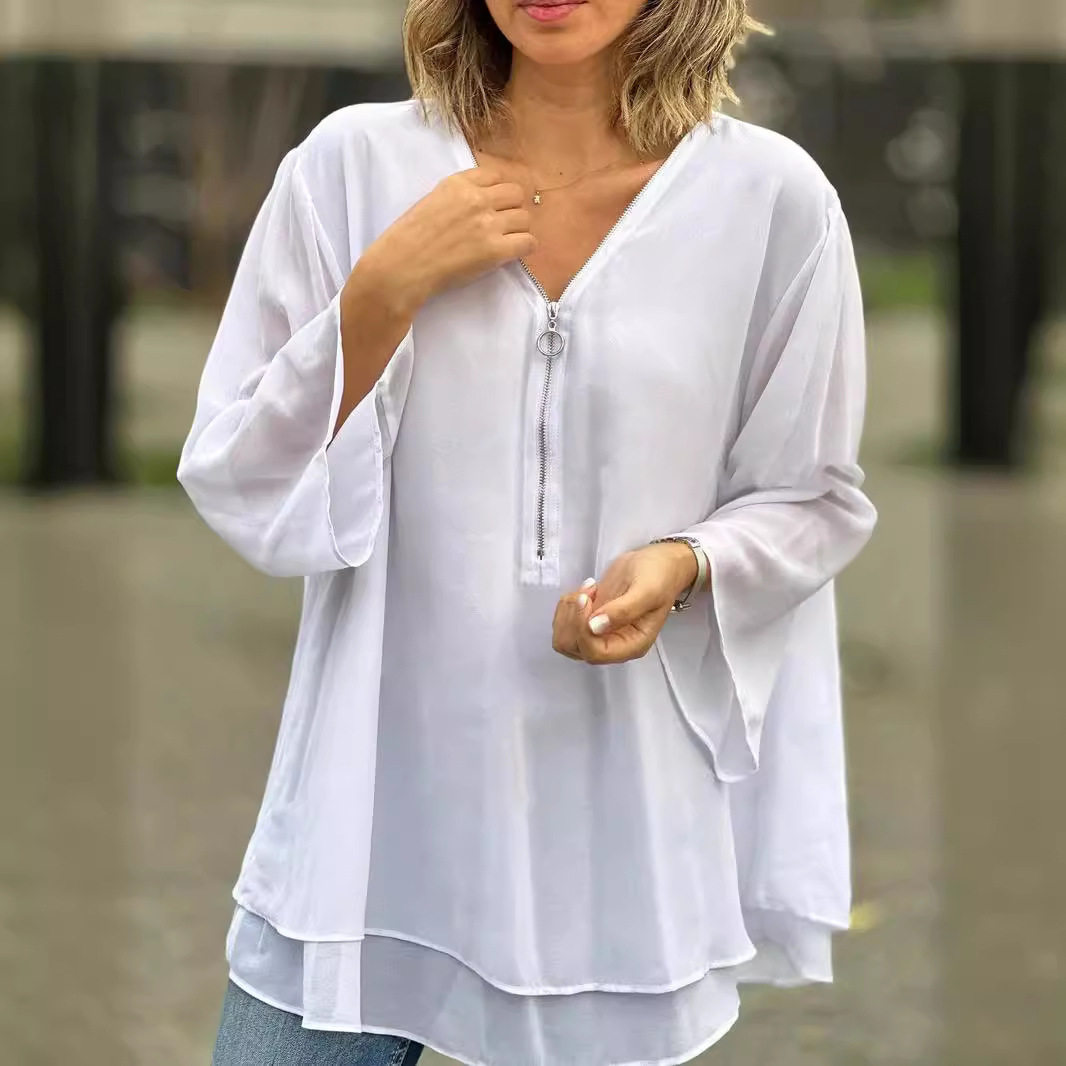 2024 Cross-border European and American Independent Station V-neck Seven-sleeve Casual Chiffon Top Metal Zipper Loose Casual Top