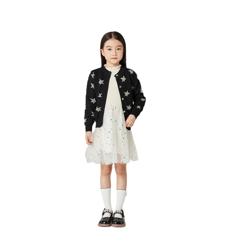 Spring Long Sleeve Knitted Cardigan Children's Stars Black and White Fashion Comfortable Breathable Western Style Pure Cotton Children's Coat