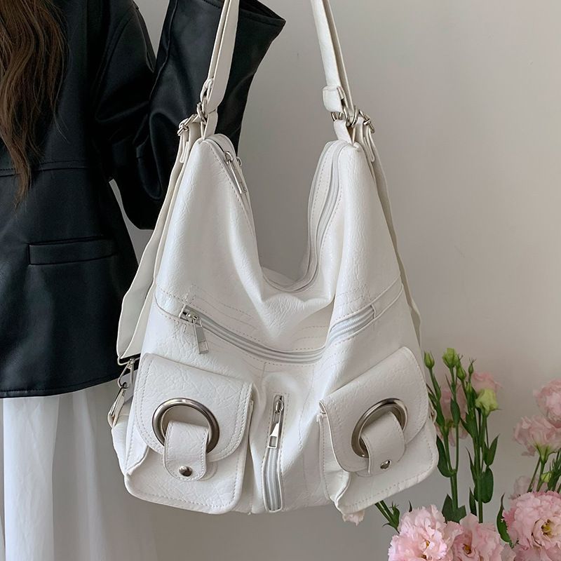 Korean style simple and personalized versatile and fashionable zipper pocket PU leather tote bag shoulder bag commuting large capacity backpack