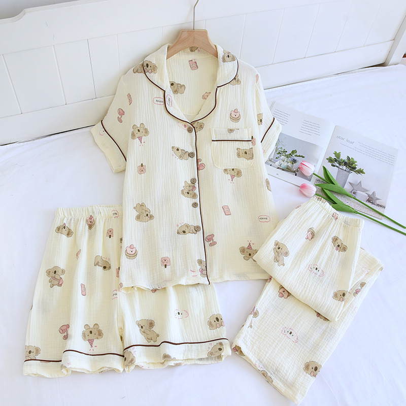 Summer Cotton Gauze Thin Short-sleeved Love Three-piece Shorts Breathable Sweat-absorbent Pants Lapel Age-reducing Pajamas Set