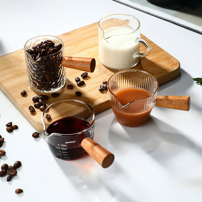 Simple Glass Striped Small Milk Cup Vertical Grain Glass Coffee Measuring Cup Hammer Solid Wood Wooden Handle Milk Pot Wooden Handle Coffee Cup