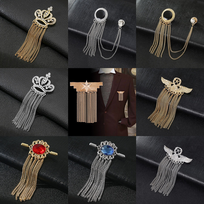Men's Golden Crown Eagle Tassel Golden Brooch Personalized Fashionable Suit Silver Chain Pin Clothing Accessories