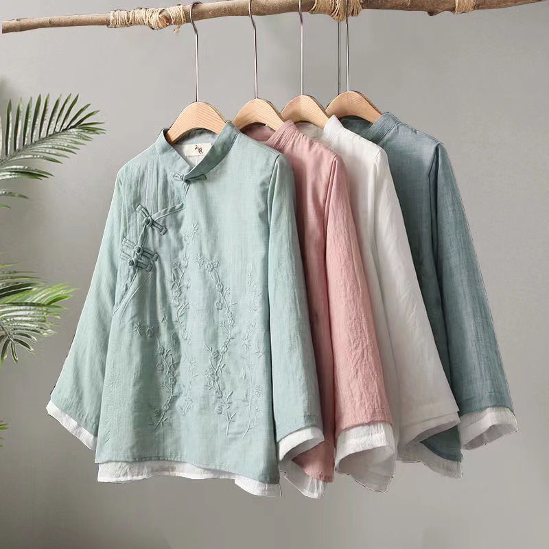 Vintage Embroidered Buckle Cotton Shirt Women's 2025 Spring New Chinese Zen Tea Suit Loose Stitching Round Neck Top