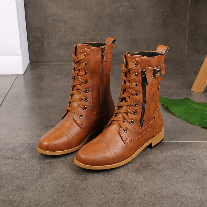 2022 New European and American Foreign Trade Large Size Round Head Thick Heel Lace-up Side Zipper Solid Color Low Barrel Ladies Martin Boots Spot