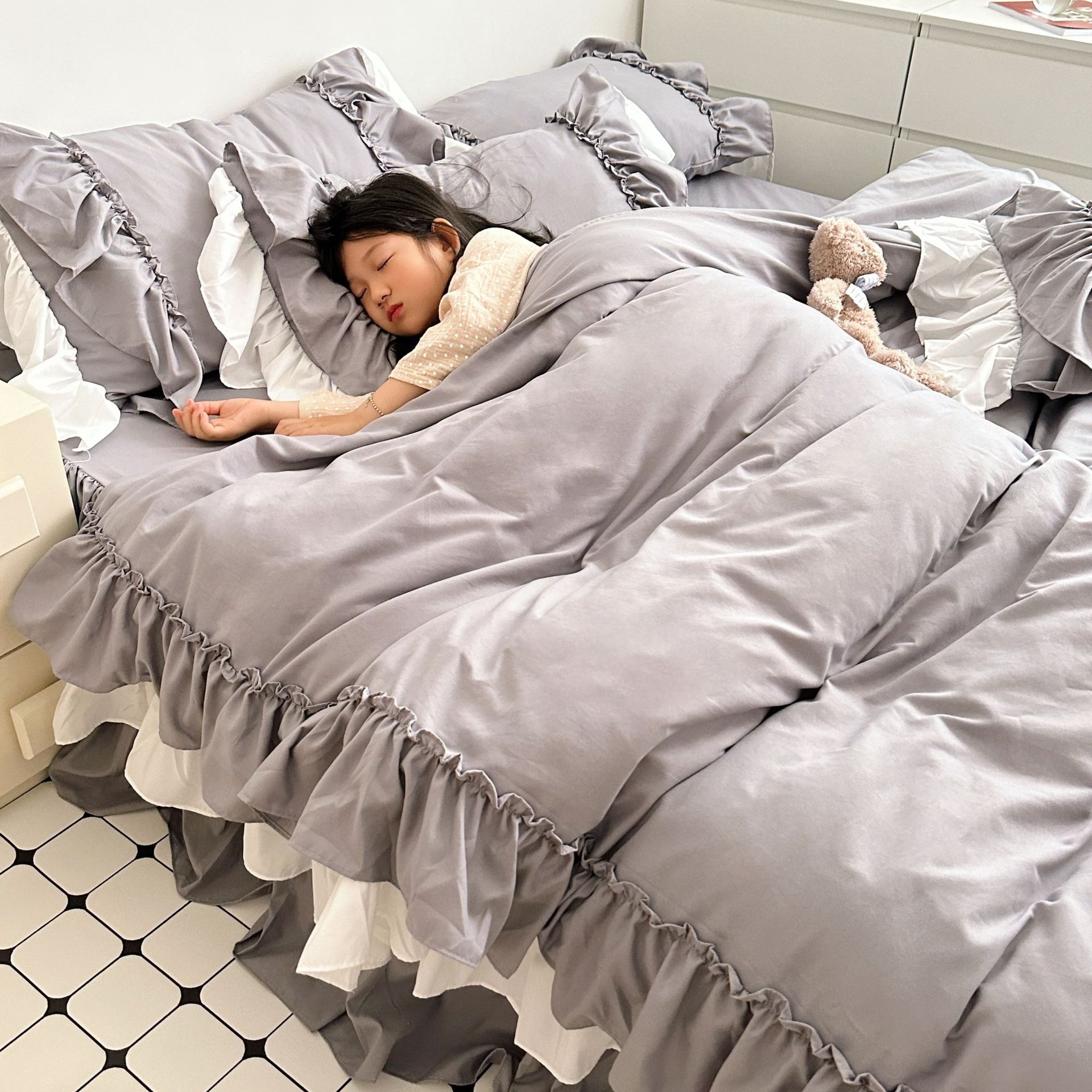 Cross-border Japanese size cross-border exclusive for Korean princess style unilateral flounces bed skirt wash cotton four-piece set