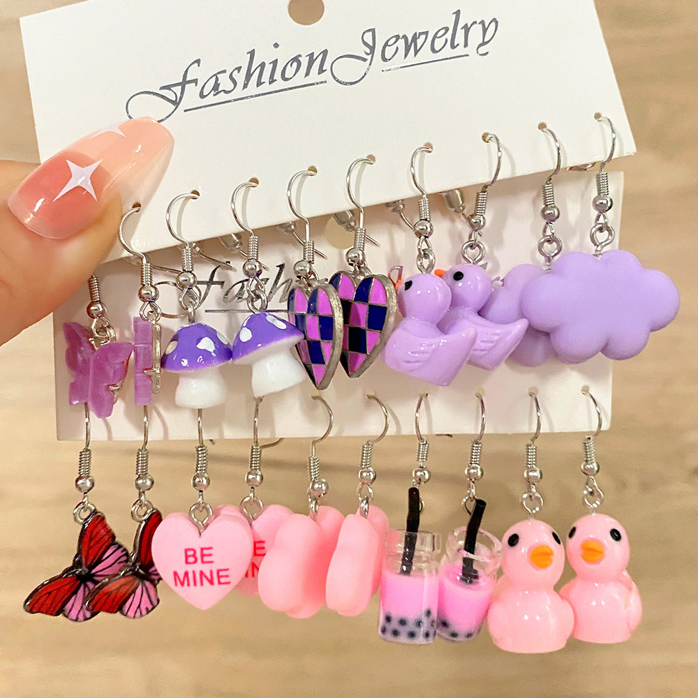 Mushang cross-border new children's earrings suit female cartoon resin drop oil earrings earrings 5-piece set combination wholesale