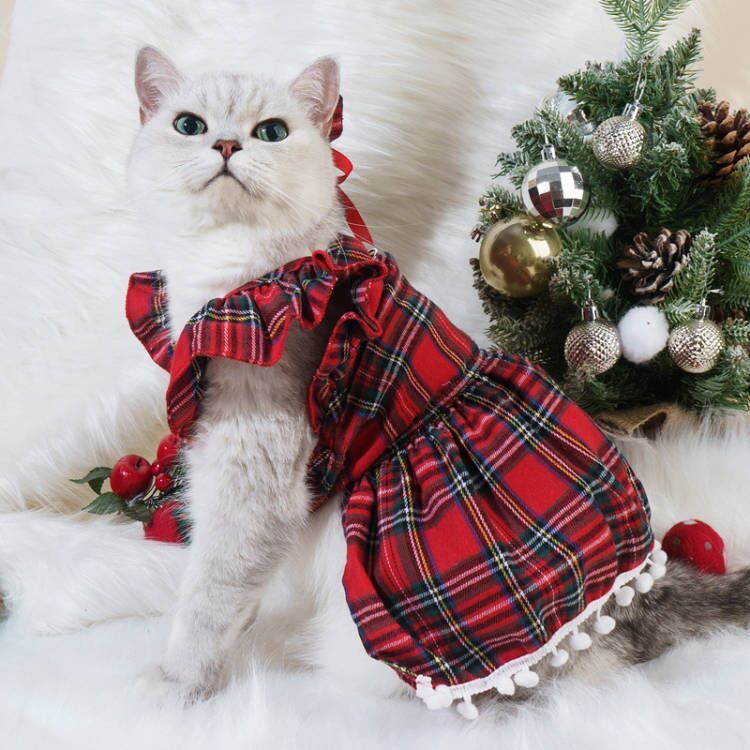 クリスマス犬服在庫ありペットクリスマスドレス猫アパレルチェック柄服|undefined