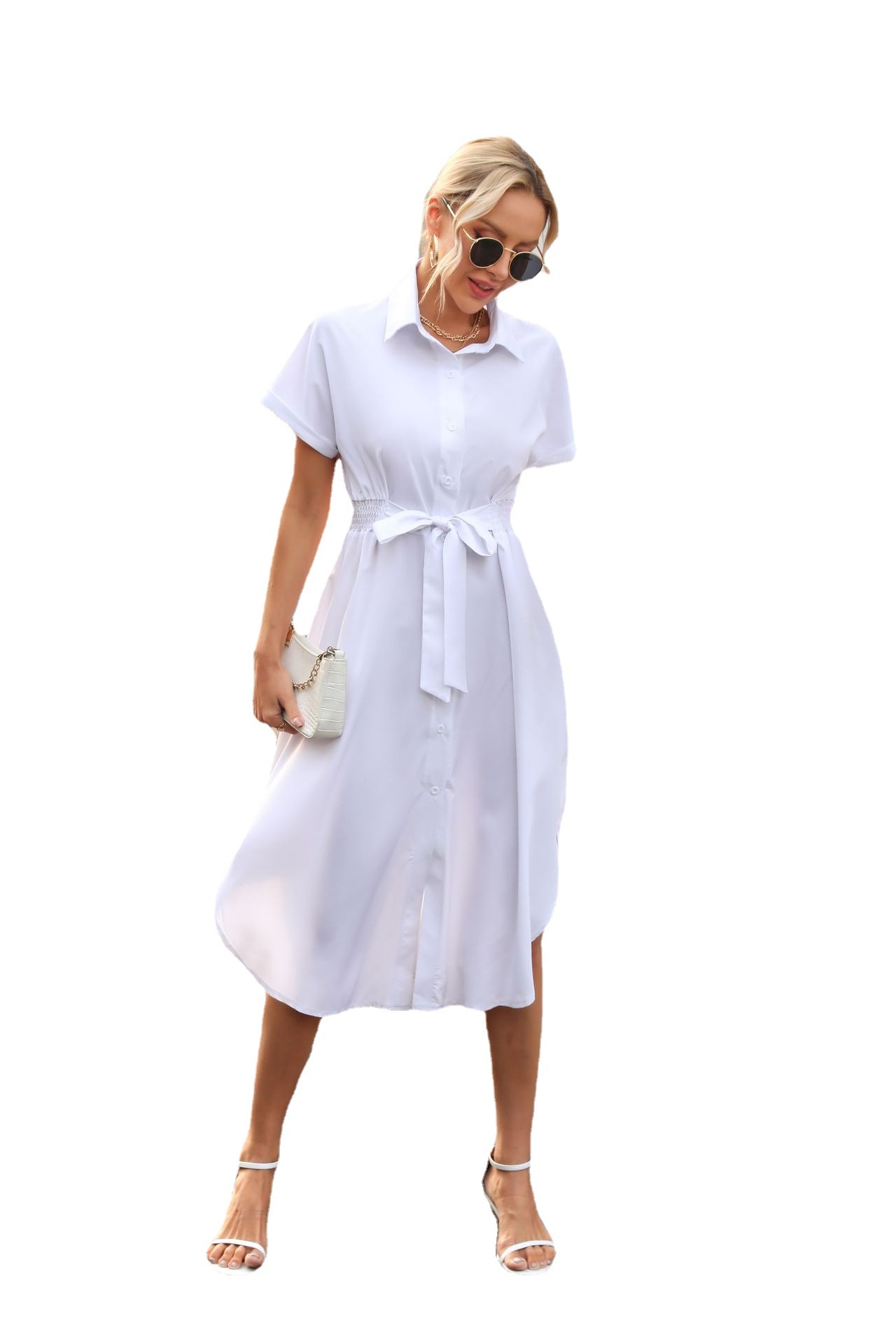Shirt Dress women's Roll sleeve short sleeve belt mid skirt women's summer New Amazon European and American Foreign trade cross-border women's clothing