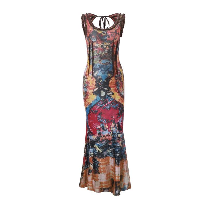 ins European and American Women's 2023 Summer New Fashion Vintage Tie-Dye Printed Sexy U-Neck Slim-Fit Dress Long Dress