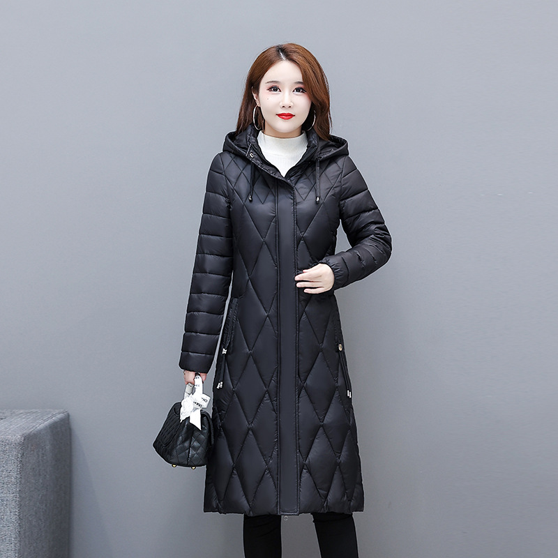 2023 New Style Cotton-padded Coat Women's Rhombic Long Over-the-knee Light Down Cotton-padded Coat Women's Hooded Coat Winter Slim-fit Slimming