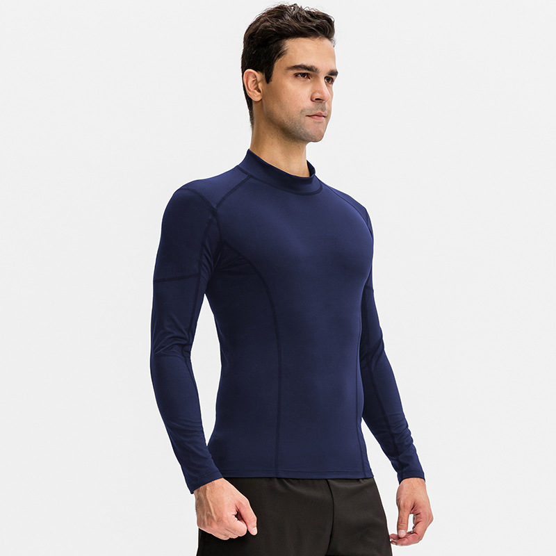 Men's Fitness Long-sleeved High-elastic Tight-fit Quick-drying Clothes Running Training Clothes High Collar Colorblock Sports Top 01506