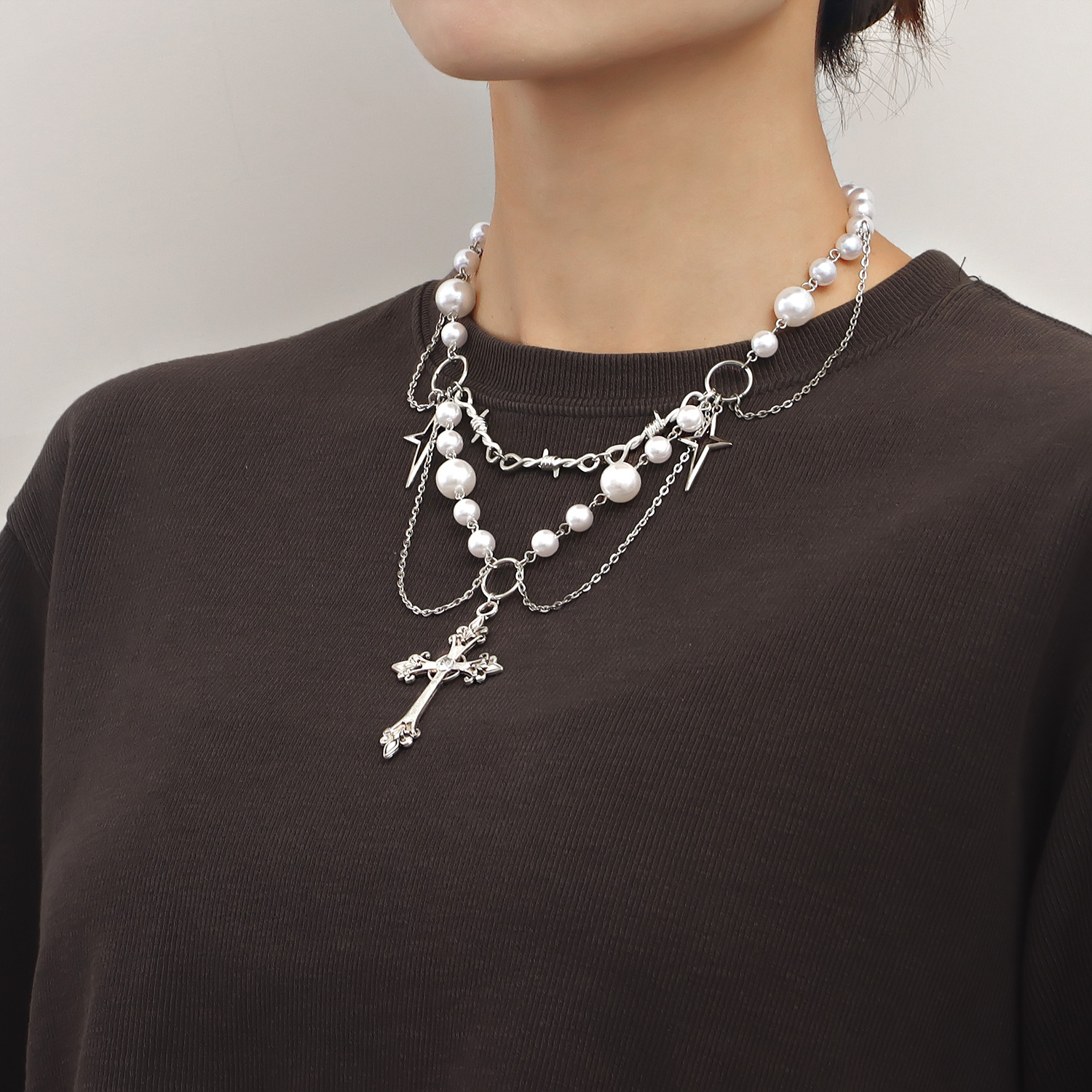 European and American Cross-border Jewelry Niche Design Double-layer Highlight Pearl Tassel Cross Star Necklace Female All-match