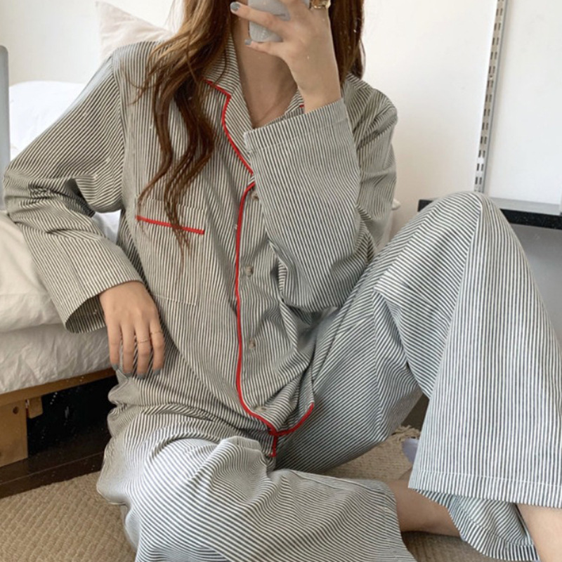 New ins pajamas women's simple striped net popular long sleeve cardigan girls Korean thin home clothes suit wholesale
