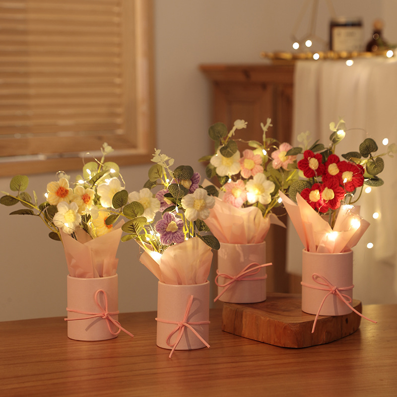 5 Puffs Barrel Valentine's Day Bouquet Wool Flower DIY Hand-woven Flower Knitted Flower Christmas Gift for Girlfriends