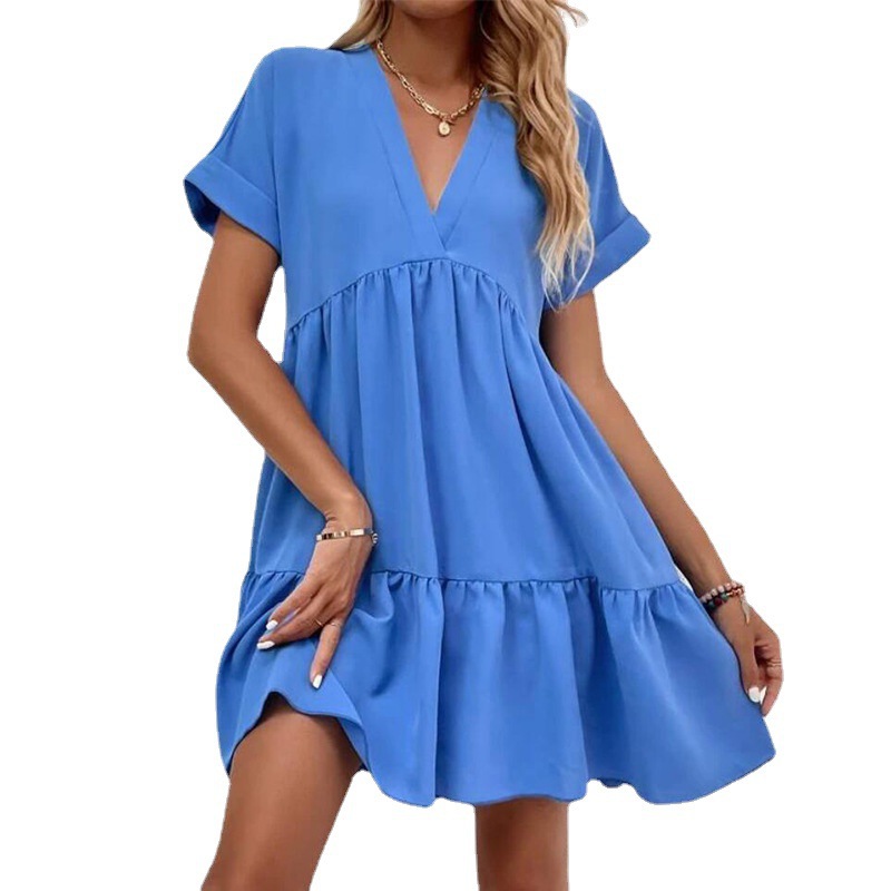 2023 European and American summer new women's clothing fresh sweet V-neck solid color large swing casual short skirt dress