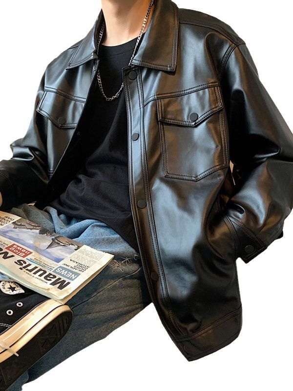 Leather Men's Coat Spring and Autumn PU Leather Jacket Flying Bike Suit Loose plus size Casual Trendy Brand Pluton Handsome Top