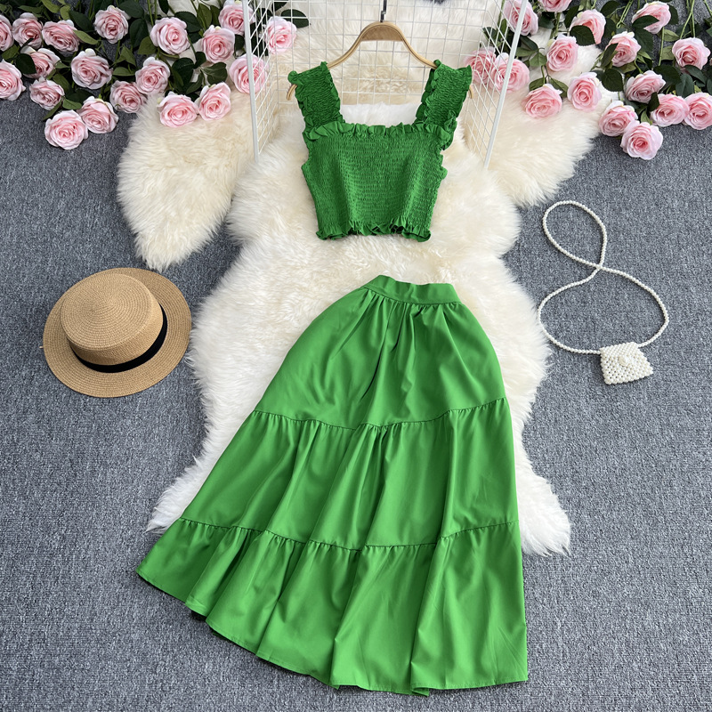 Seaside Holiday Fashion suit women's mid-length high waist A- line cake skirt two-piece western style camisole