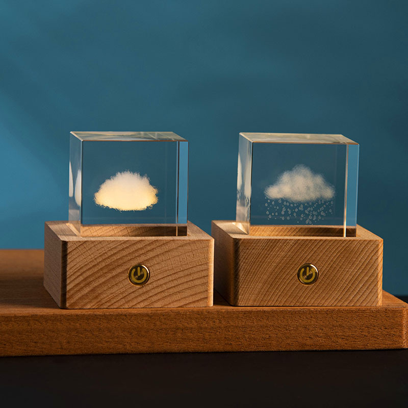 Clouds and Rain 3D Inner Carving Cubic Crystal Ball Luminous Night Light Creative Decorative Wooden Base Desktop Ornaments Cross Border